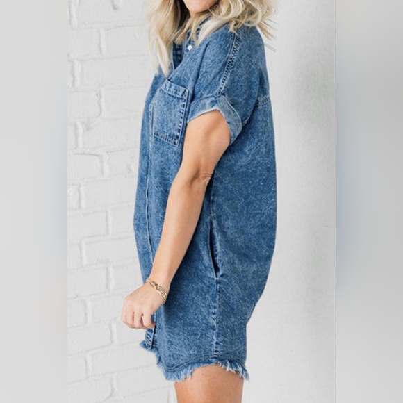 Distressed Denim Short Sleeve Button Front Pocket Jean Cotton Mini Shirt Dress - Picture 5 of 13